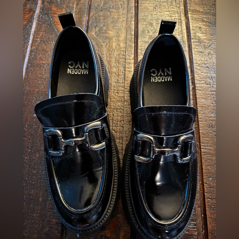 Steve Madden Glossy Black Loafers with Metallic Accent